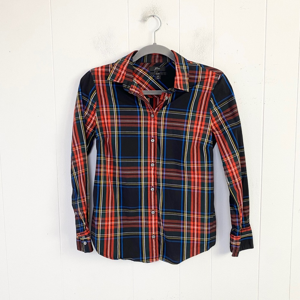 J.Crew Slim Plaid Button Down Shirt Womens 4P Black Red Multi Stretch